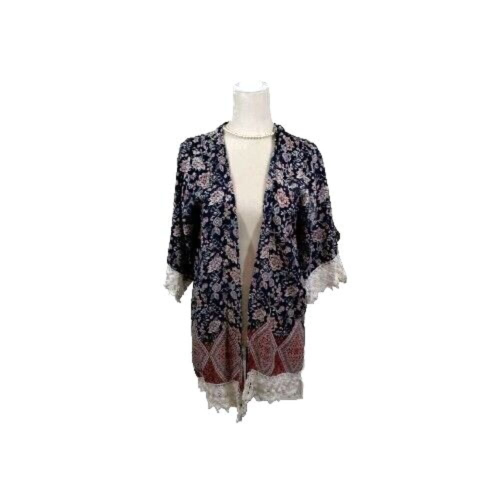 Gypsies & Moondust Womens Size Med Kimono Navy Blue Floral 3/4 Lace Sleeve - Picture 9 of 9